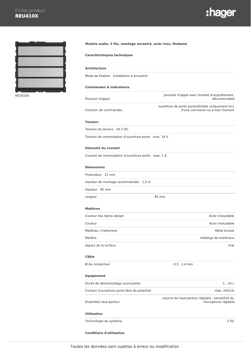 Page n°1 - Fiche technique Hager REU410X