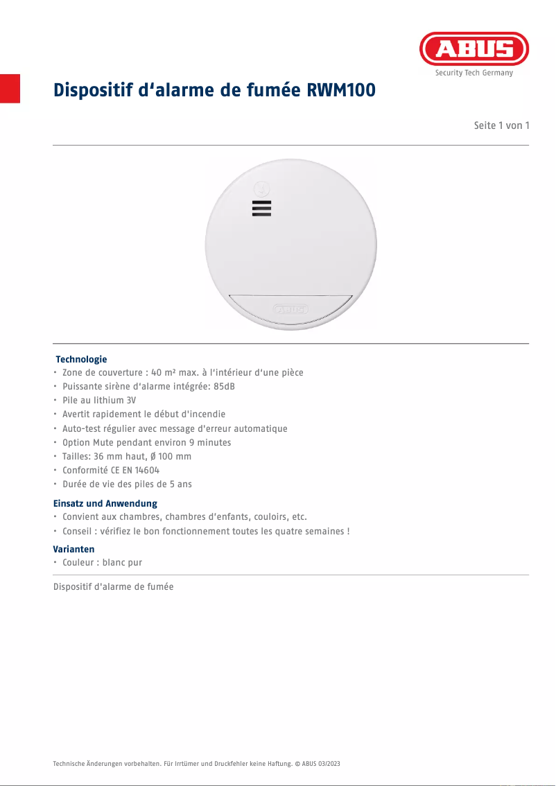 Page n°1 - Fiche technique Abus RWM100