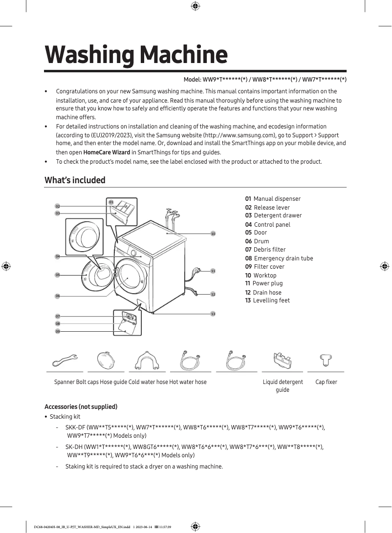 Page 1 de la notice Guide de démarrage rapide Samsung WW70T552DAE