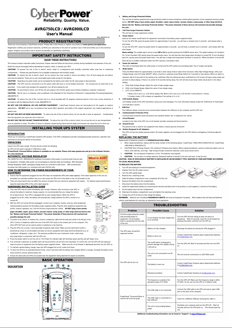 Page n°1 - Manuel utilisateur CyberPower AVRG750LCD
