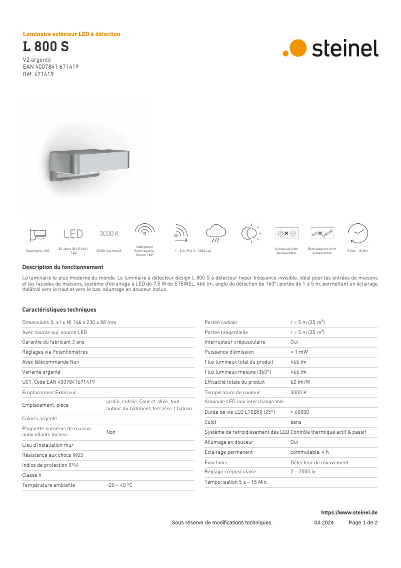 Página 1 del manual Ficha técnica Steinel L 800 S