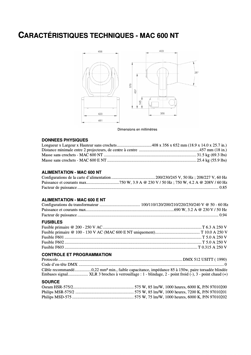 Page 1 de la notice Fiche technique Martin MAC 600 E NT