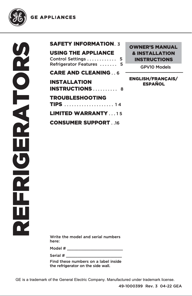 Image de la première page du manuel de l'appareil GPV10FSNSB