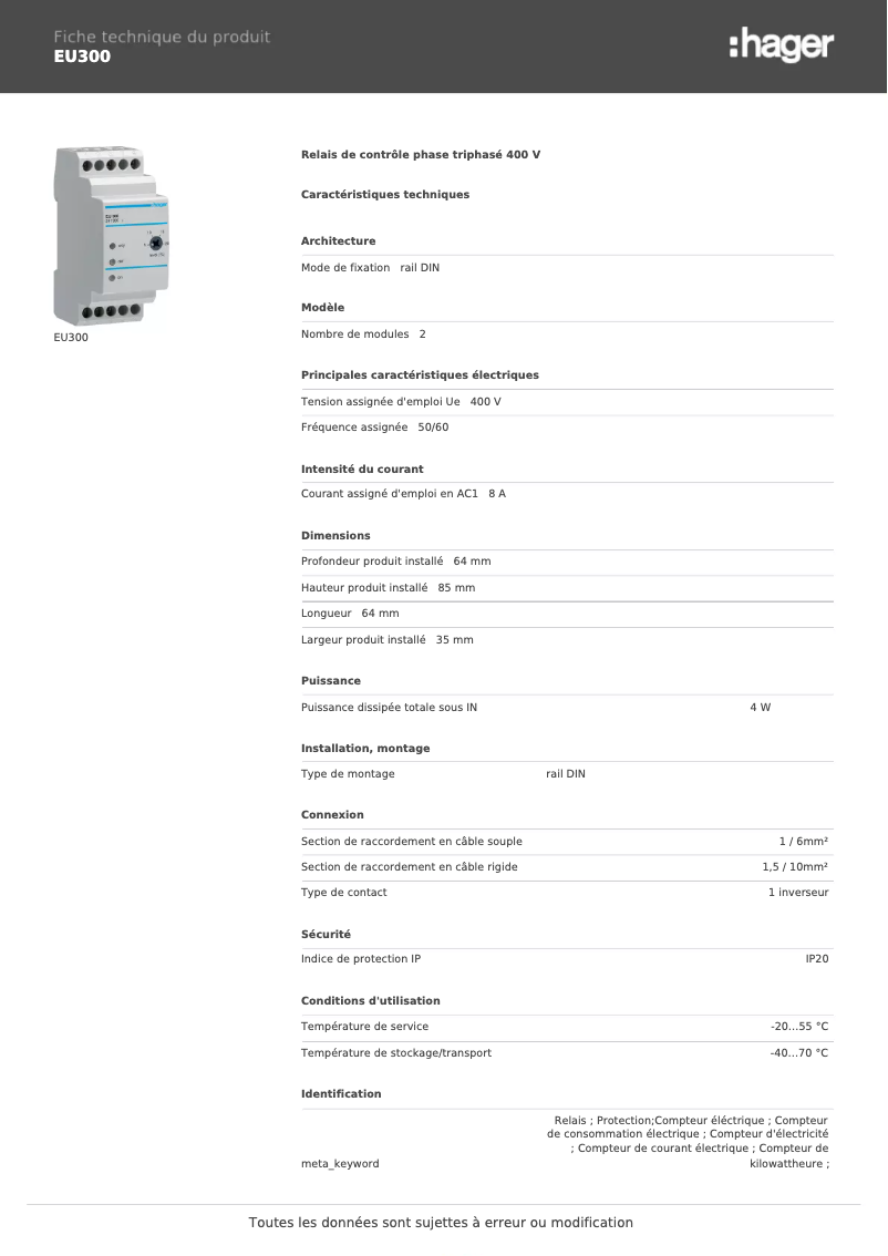 Page n°1 - Fiche technique Hager EU300