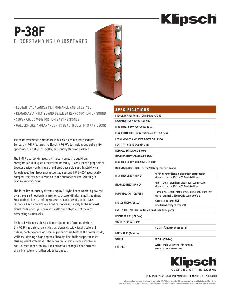 Page 1 de la notice Fiche technique Klipsch Palladium P-38F