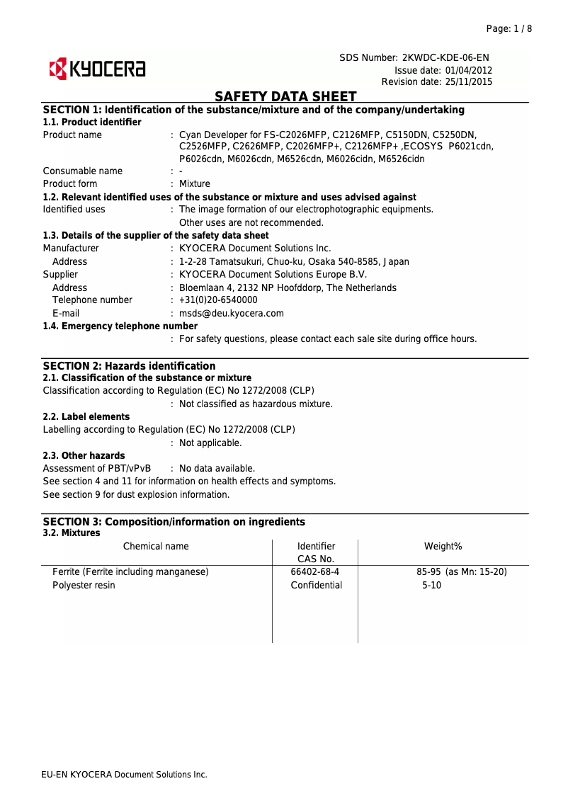 Page 1 de la notice Instructions de sécurité Kyocera FS-C2126MFP