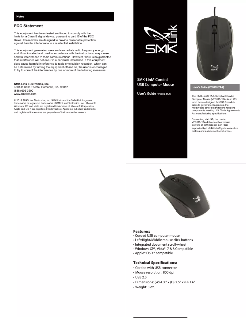 Image de la première page du manuel de l'appareil VP3815 mice