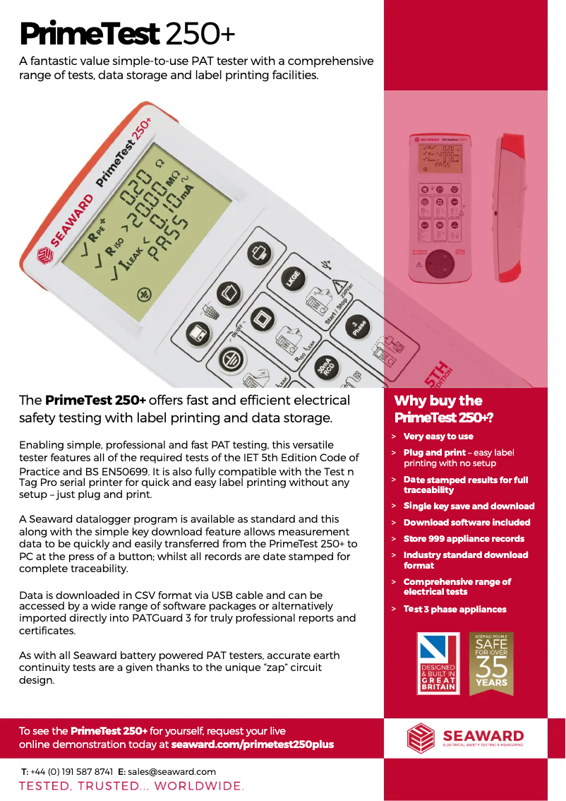 Page 1 de la notice Fiche technique Seaward PrimeTest 250+