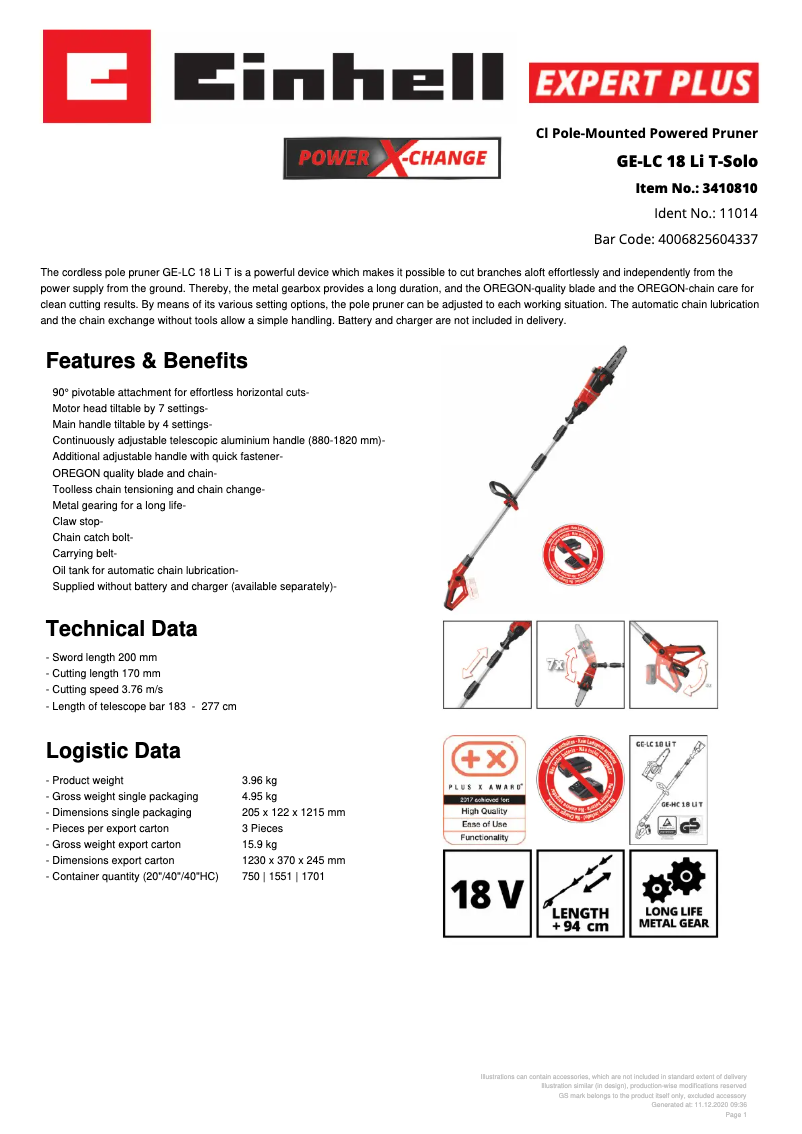 Page n°1 - Fiche technique Einhell GE-LC 18 Li T-Solo