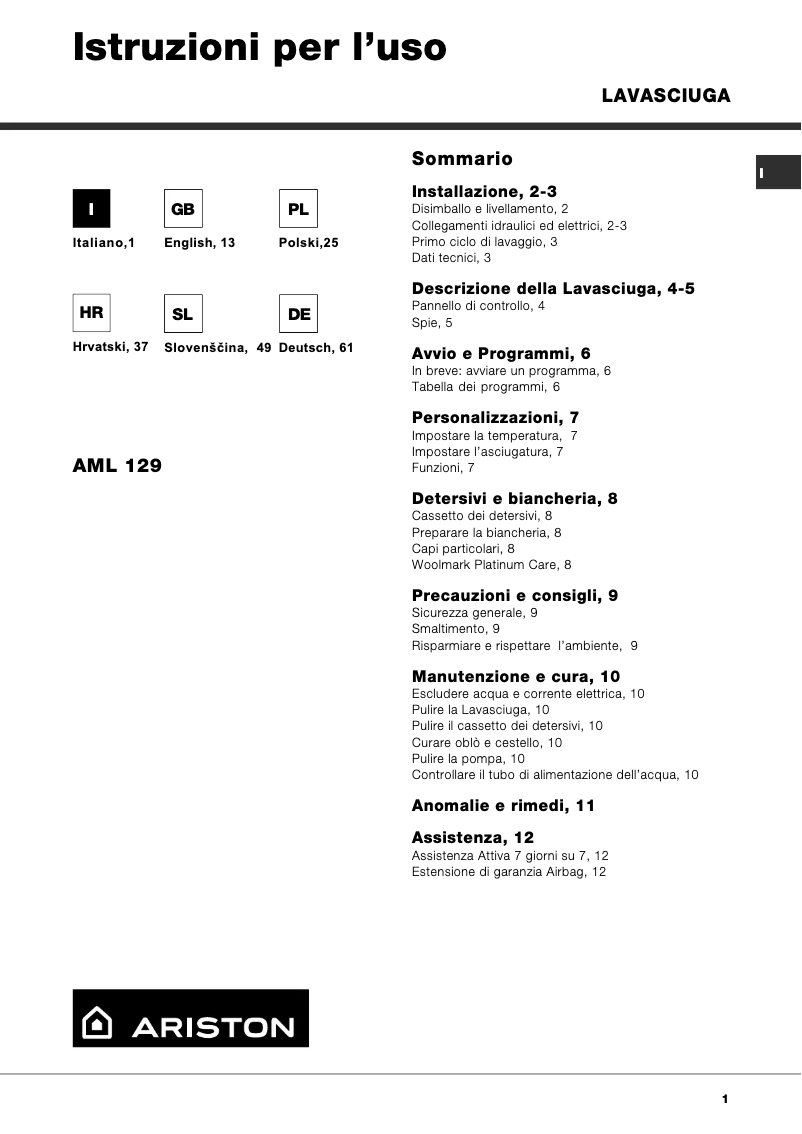 Page n°1 - Manuel utilisateur Hotpoint Ariston AML 129