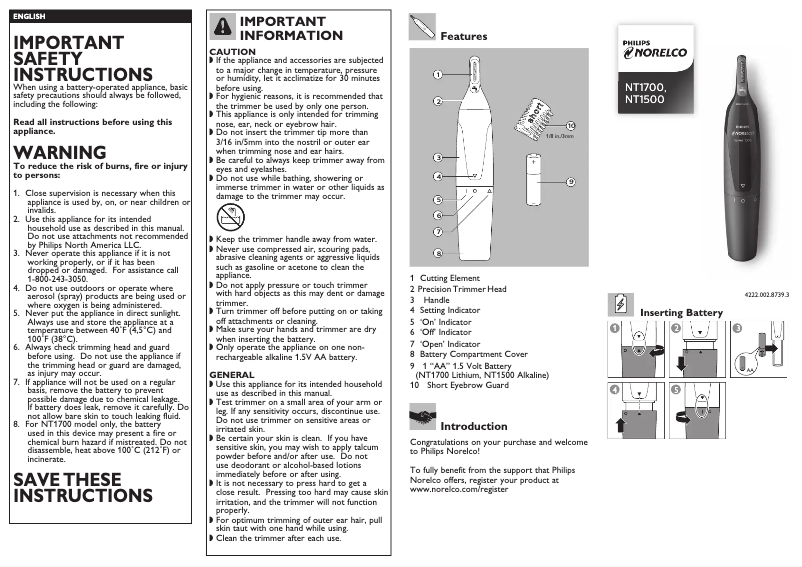 Page n°1 - Manuel utilisateur Philips Norelco Series 1000 NT1700