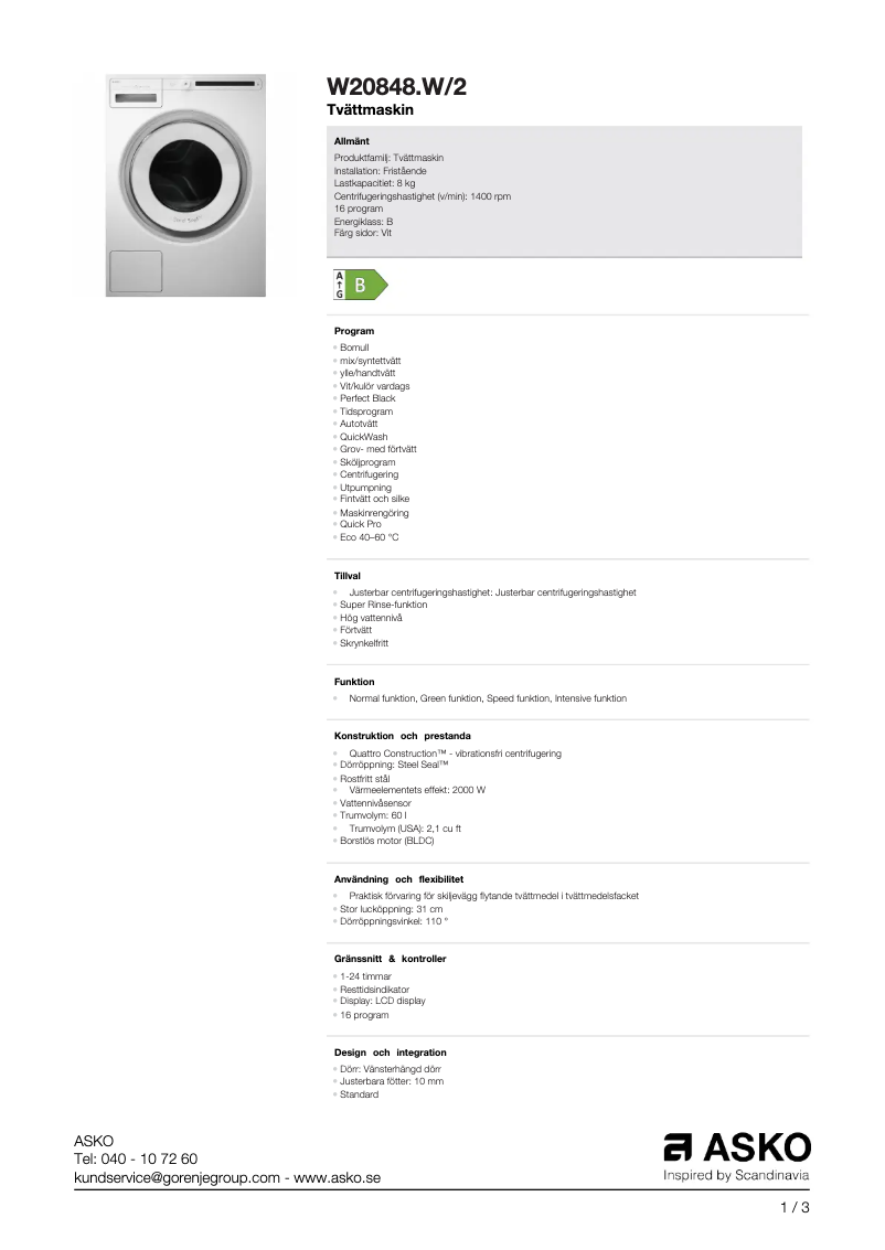 Page 1 de la notice Manuel utilisateur Asko W20848.W/2