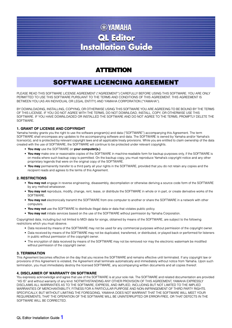 Page 1 de la notice Guide d'installation Yamaha QL1