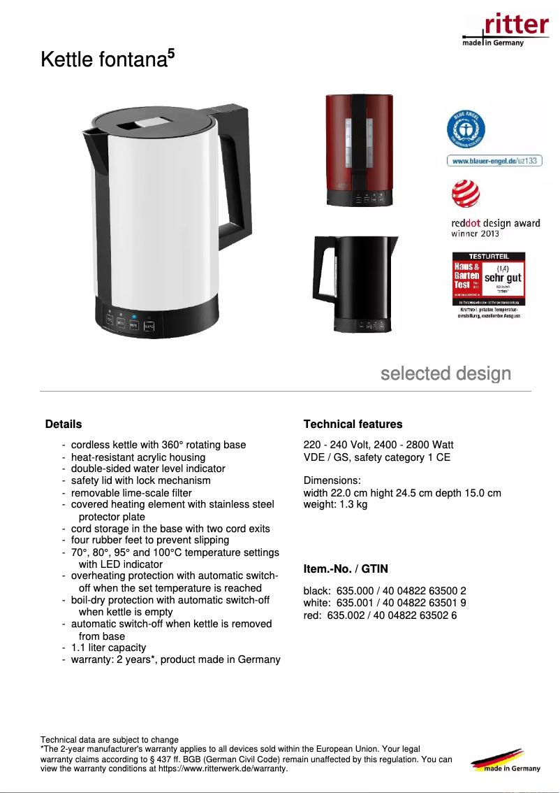 Page 1 de la notice Fiche technique Ritter Fontana 5