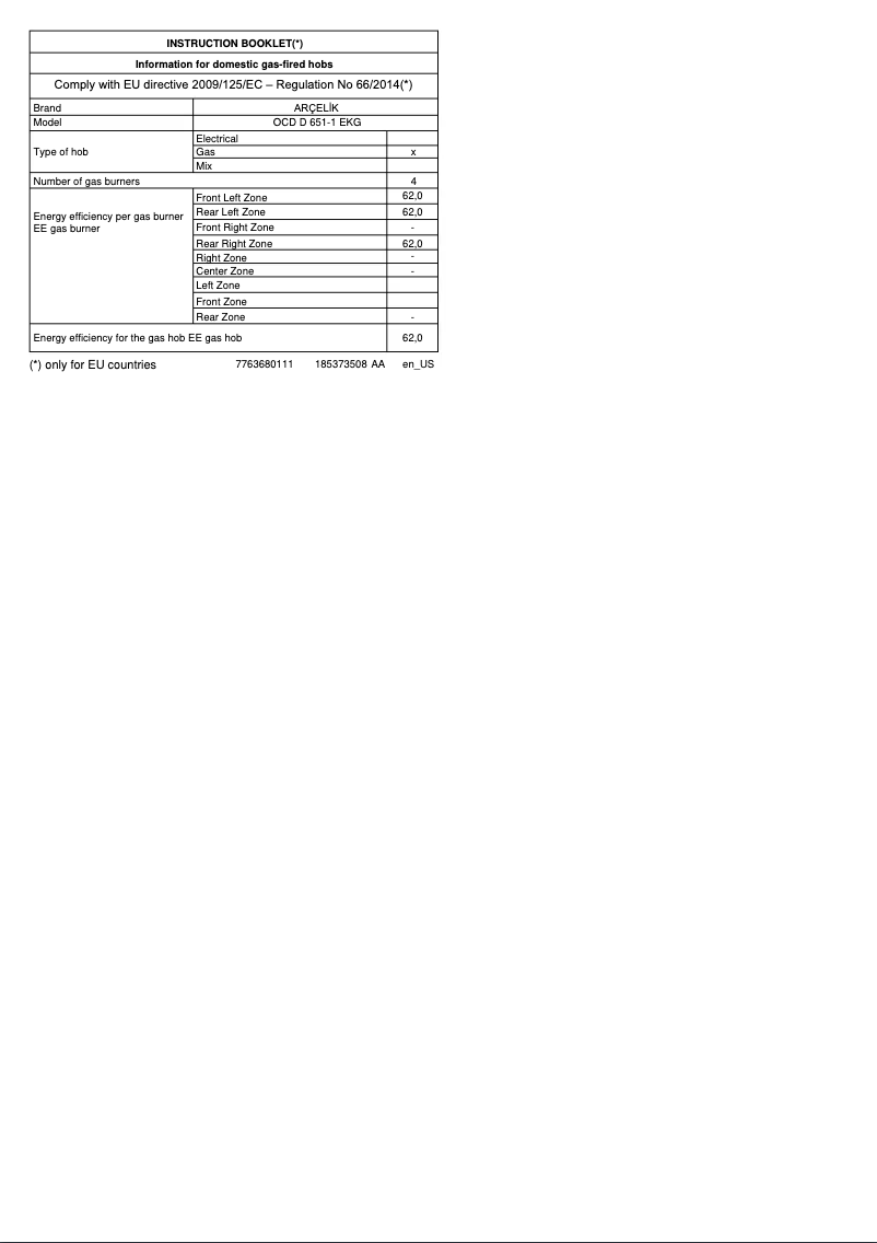 Page n°1 - Manuel utilisateur Arçelik OCD D 651-1 EKG