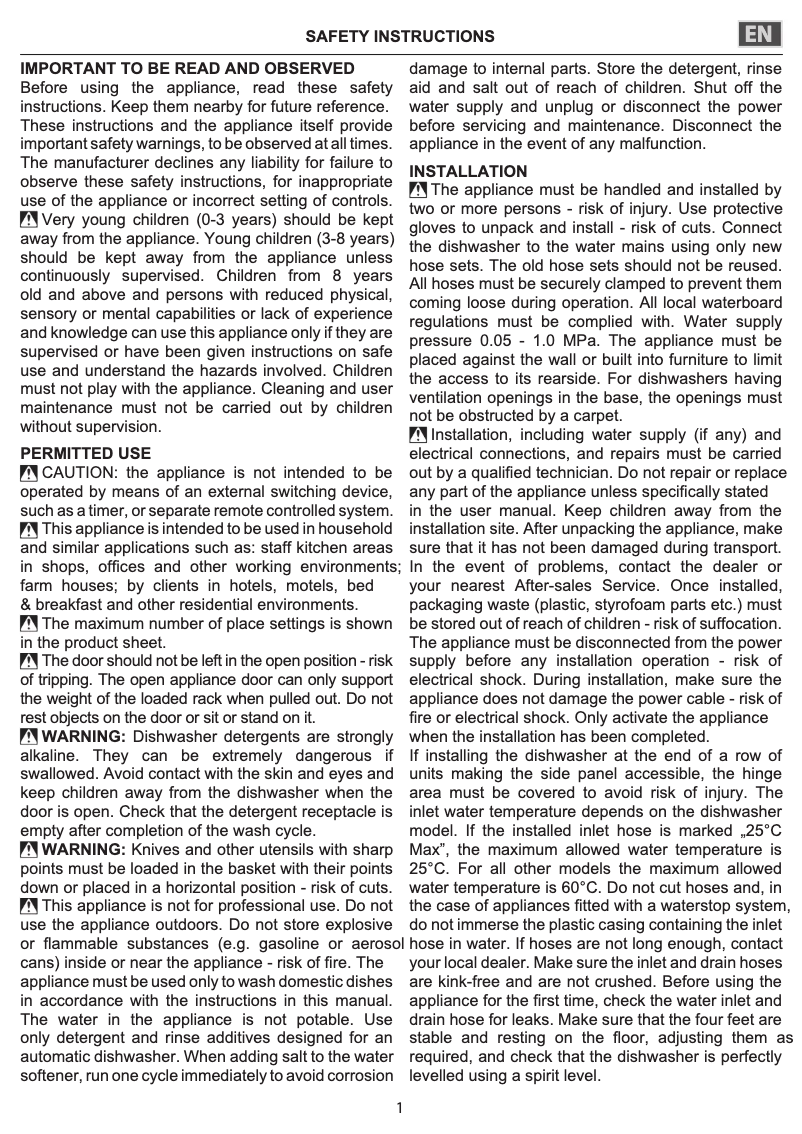 Page n°1 - Guide d'installation Indesit DFO 3T133 A F