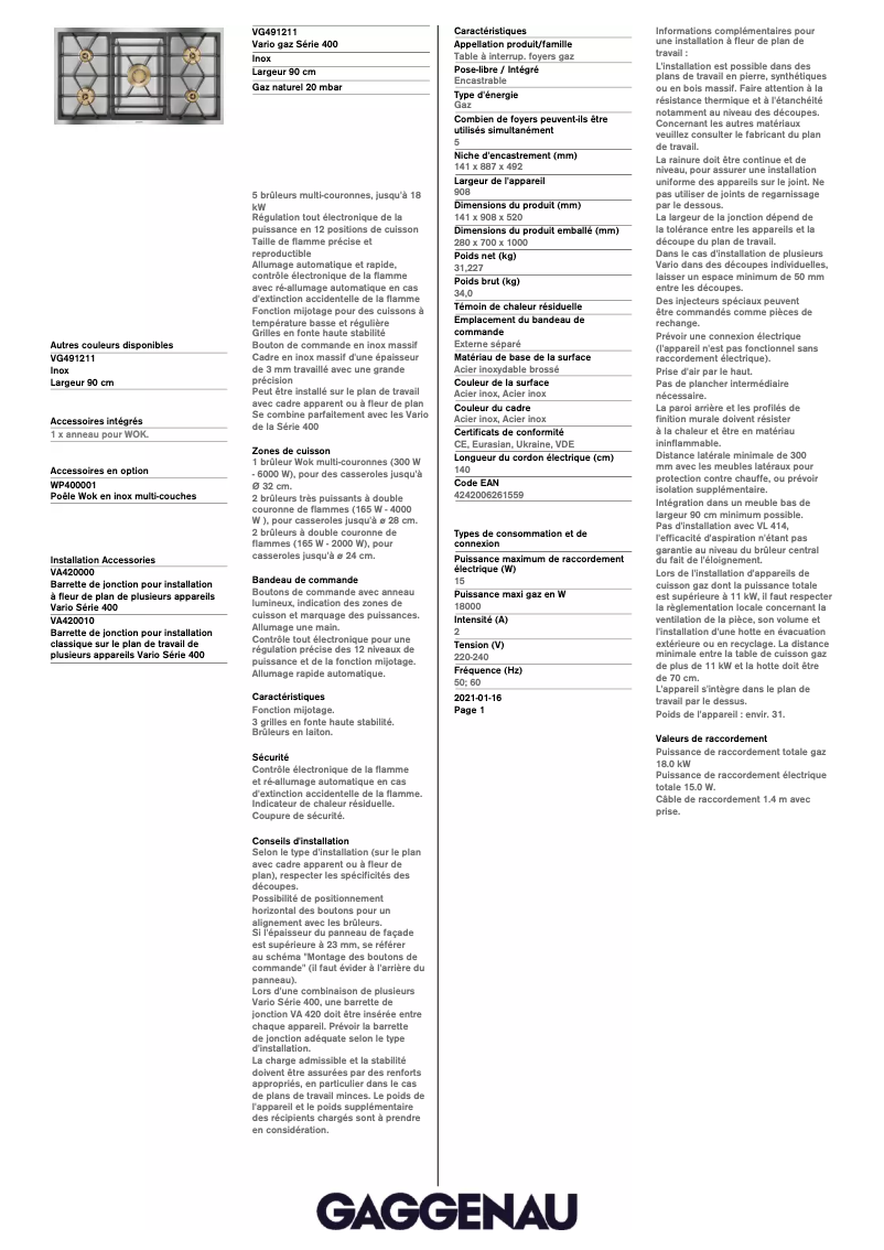 Page 1 of the manual Technical Sheet Gaggenau VG491211