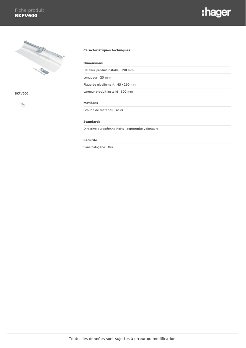 Page n°1 - Fiche technique Hager BKFV600