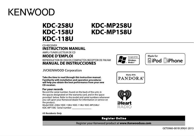 Imagen de la primera página del manual del dispositivo KDC-158U