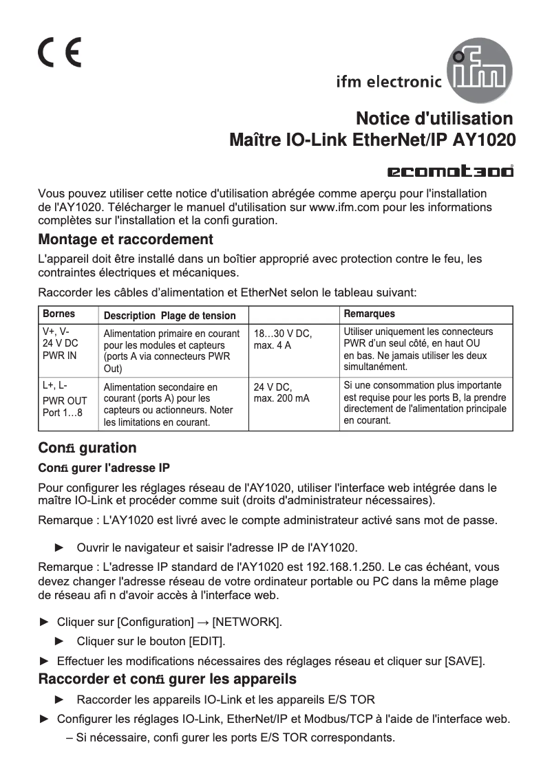 Page 1 de la notice Manuel utilisateur IFM AY1020