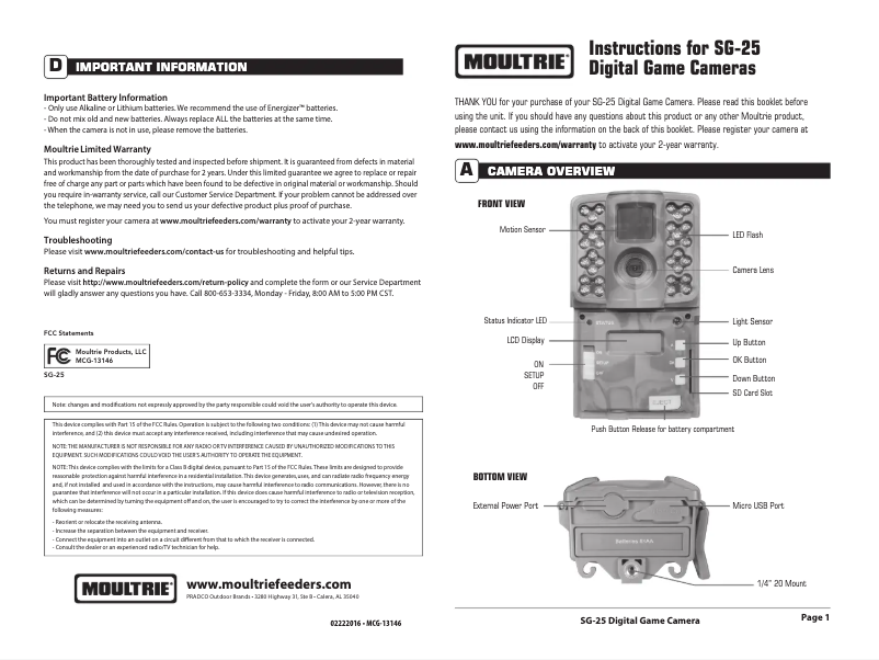 Page 1 de la notice Manuel utilisateur Moultrie SG-25