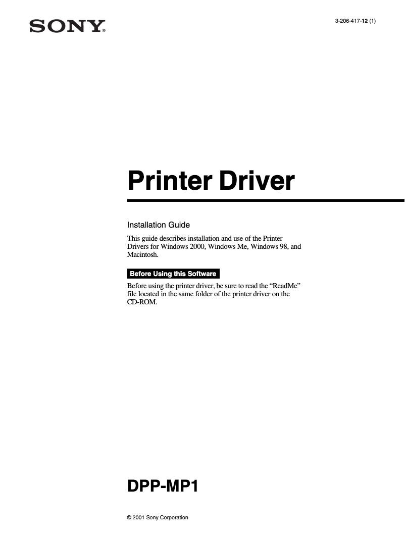 Page 1 de la notice Guide d'installation Sony DPP-MP1