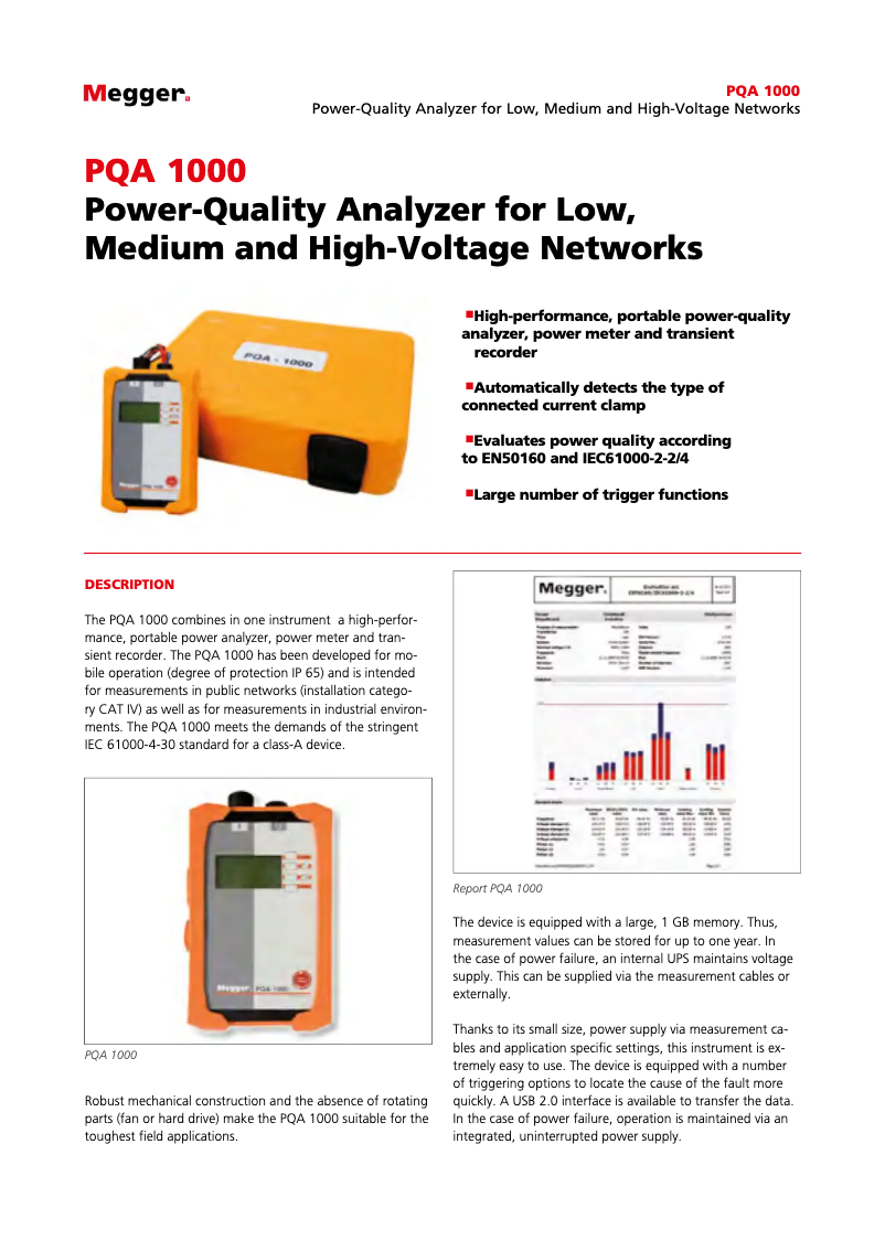 Page 1 de la notice Fiche technique Megger PQA1000
