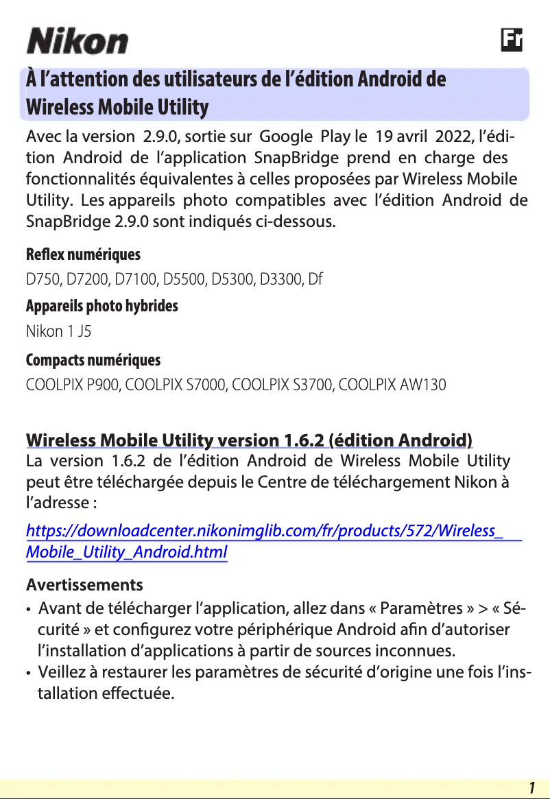 Page n°1 - Manuel utilisateur Nikon Wireless Mobile Utility
