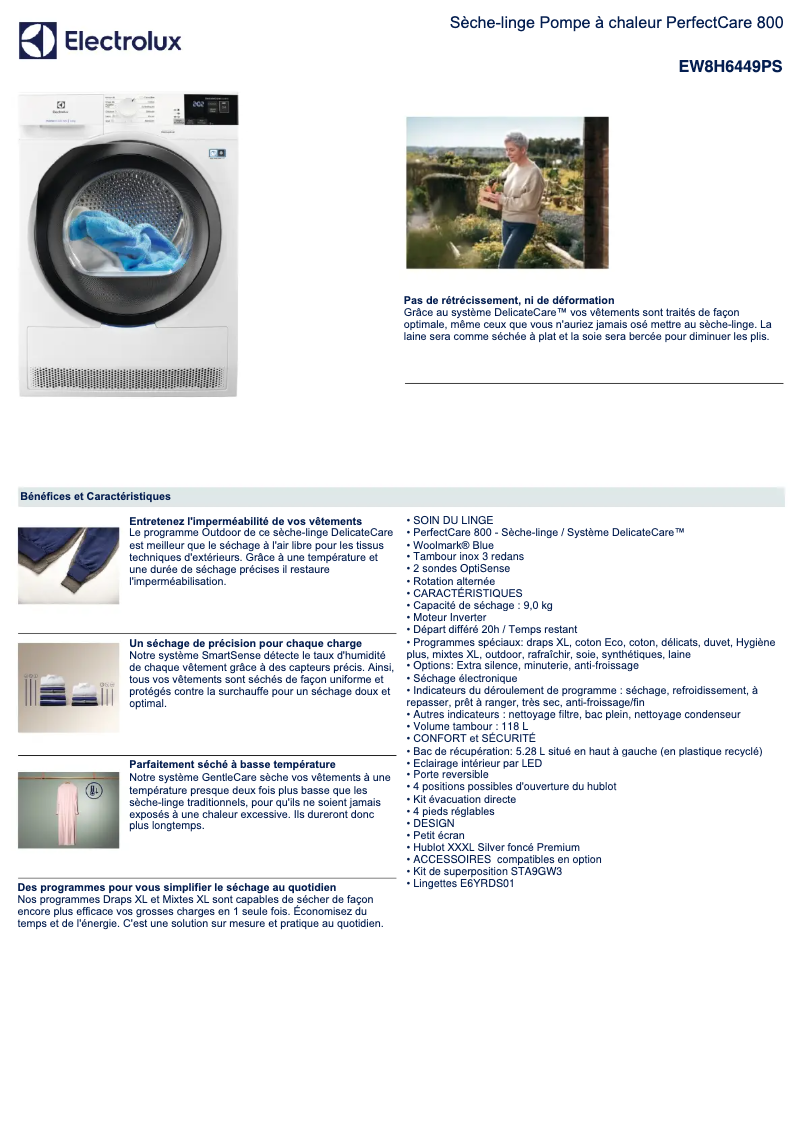 Page 1 de la notice Fiche technique Electrolux EW8H6449PS