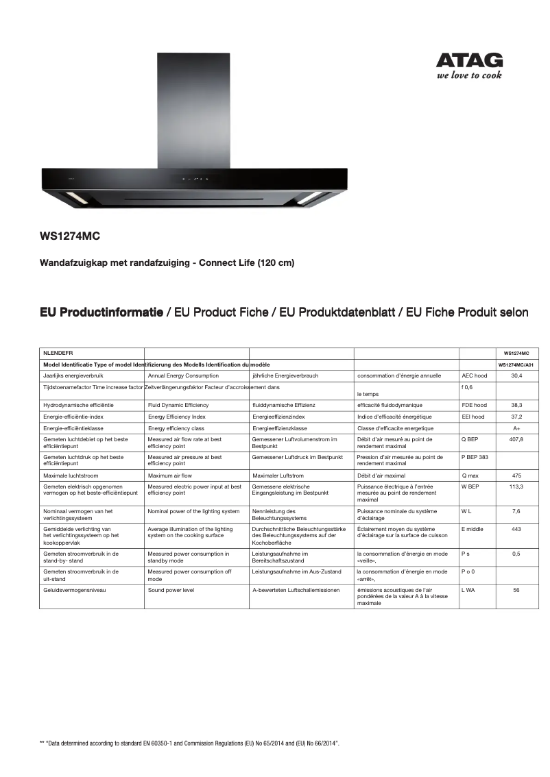 Page 1 de la notice Fiche technique Atag WS1274MC