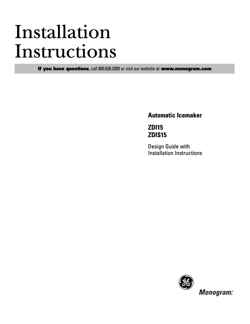 Page 1 de la notice Guide d'installation GE ZDI15CBB