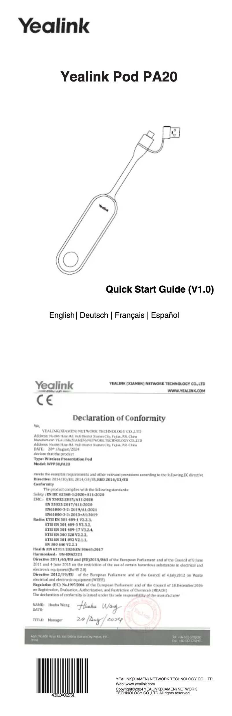 Image de la première page du manuel de l'appareil Pod PA20