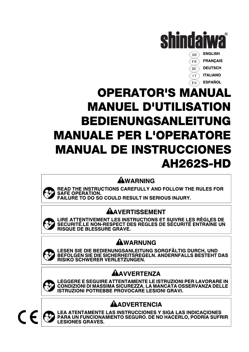 Page 1 de la notice Manuel utilisateur Shindaiwa AH262S-HD