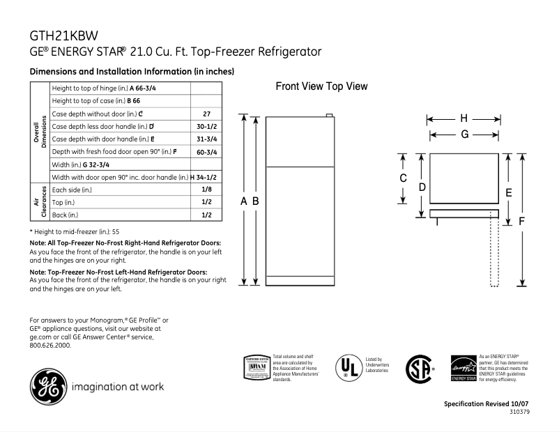 Page 1 of the manual Technical Sheet GE GTH21KBWBB
