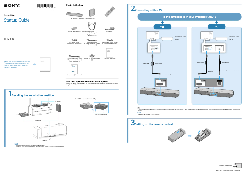 Page 1 de la notice Guide d'installation Sony HT-MT500
