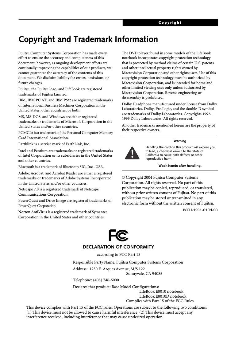 Page n°1 - Manuel utilisateur Fujitsu LifeBook E8010