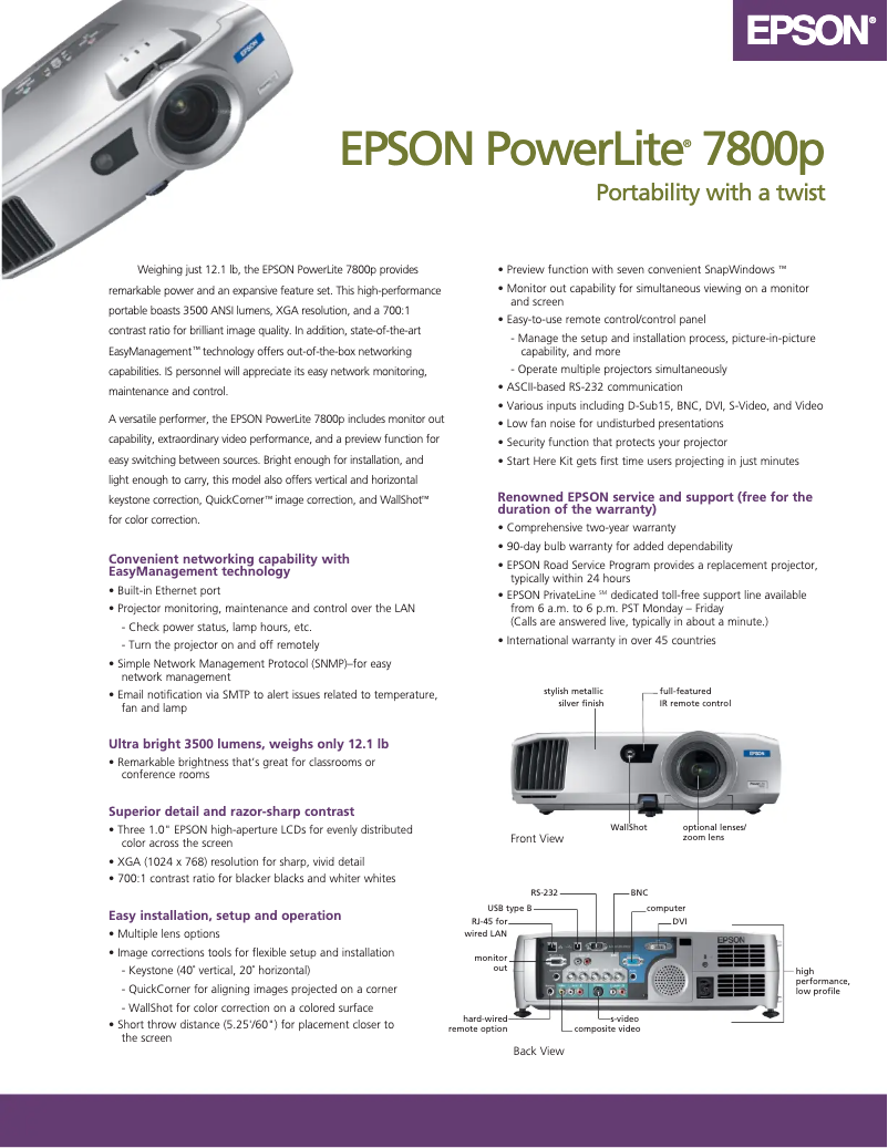 Page 1 de la notice Brochure Epson PowerLite 7800pNL