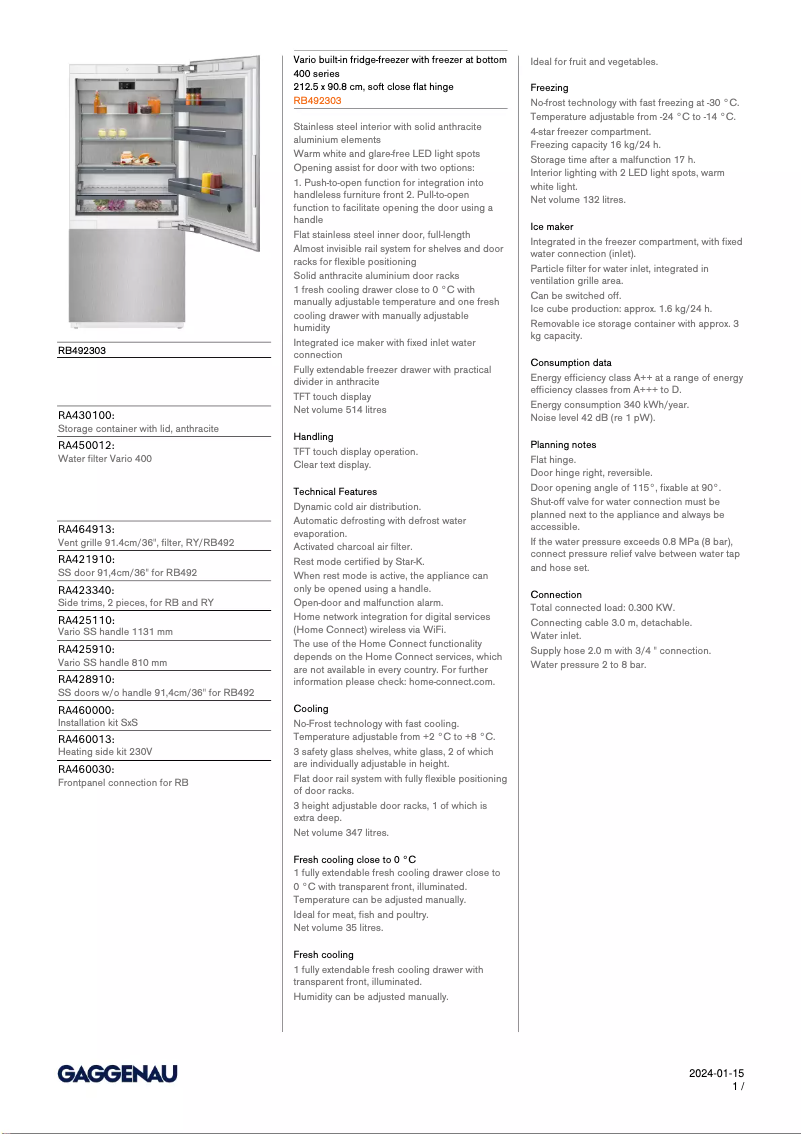Page 1 de la notice Fiche technique Gaggenau RB492303