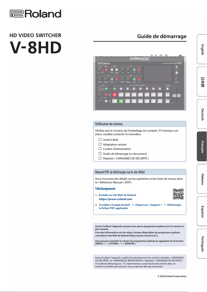 Page 1 de la notice Guide d'installation Roland V-8HD