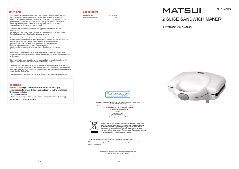 Page 1 de la notice Manuel utilisateur Matsui M02SMW09