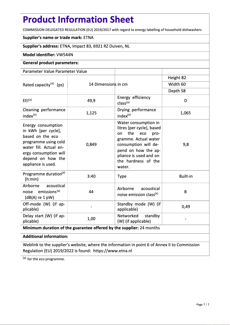 Page 1 de la notice Fiche technique Etna VW544N