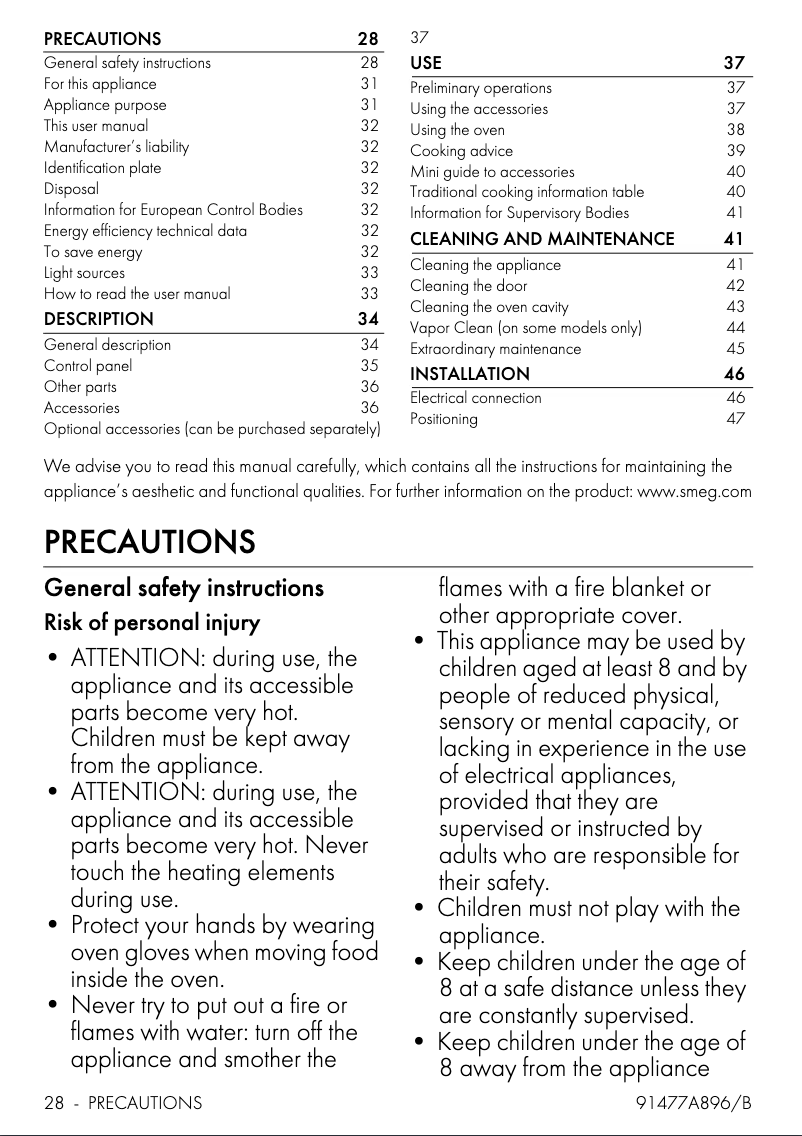 Page 1 de la notice Manuel utilisateur Smeg SF64M3PZB