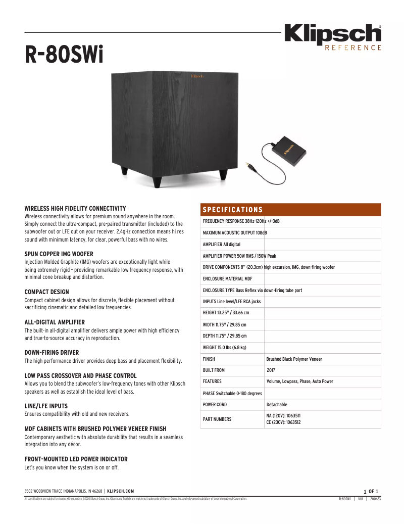 Page n°1 - Fiche technique Klipsch R-80SWi