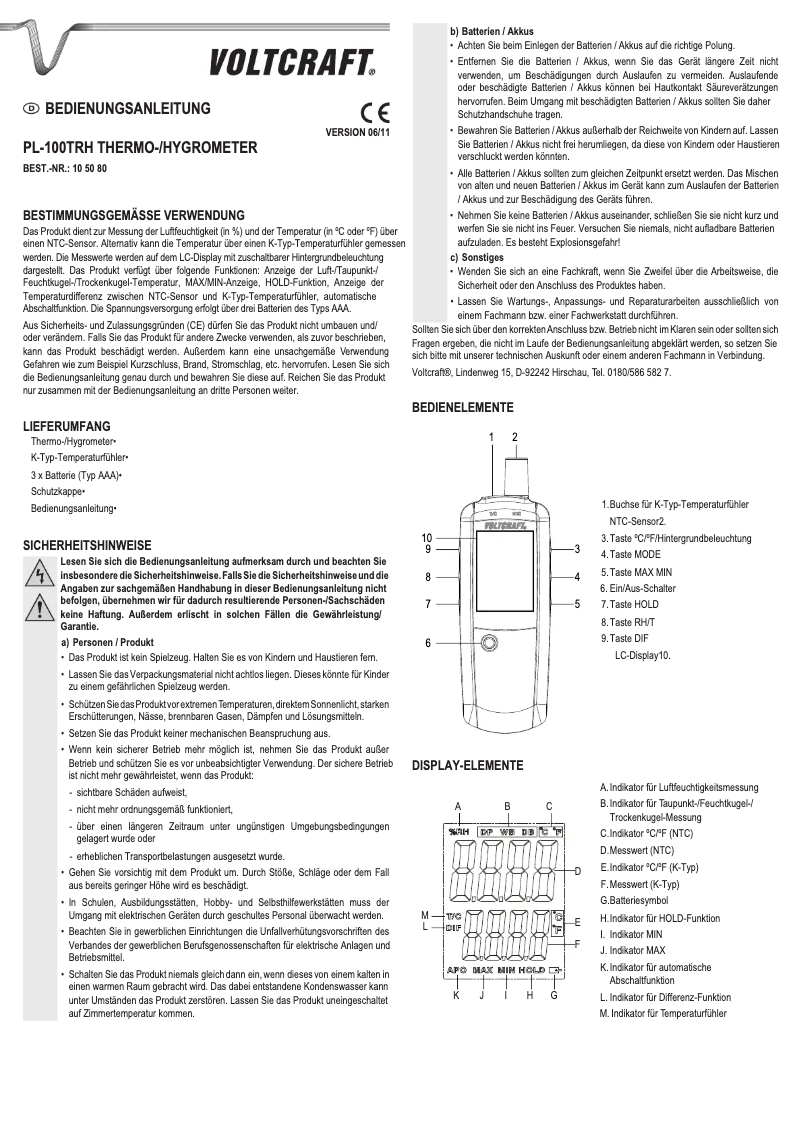 Page n°1 - Manuel utilisateur Voltcraft PL-100TRH