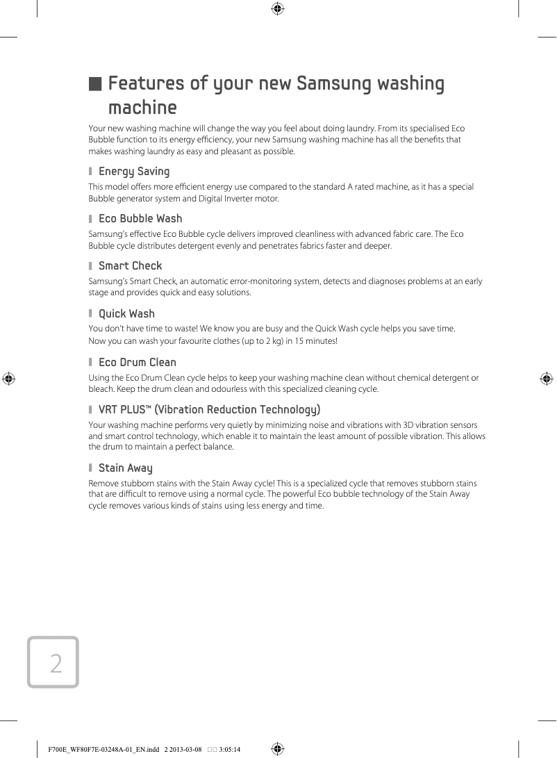 Page 1 de la notice Manuel utilisateur Samsung WF9AF7E6P6W