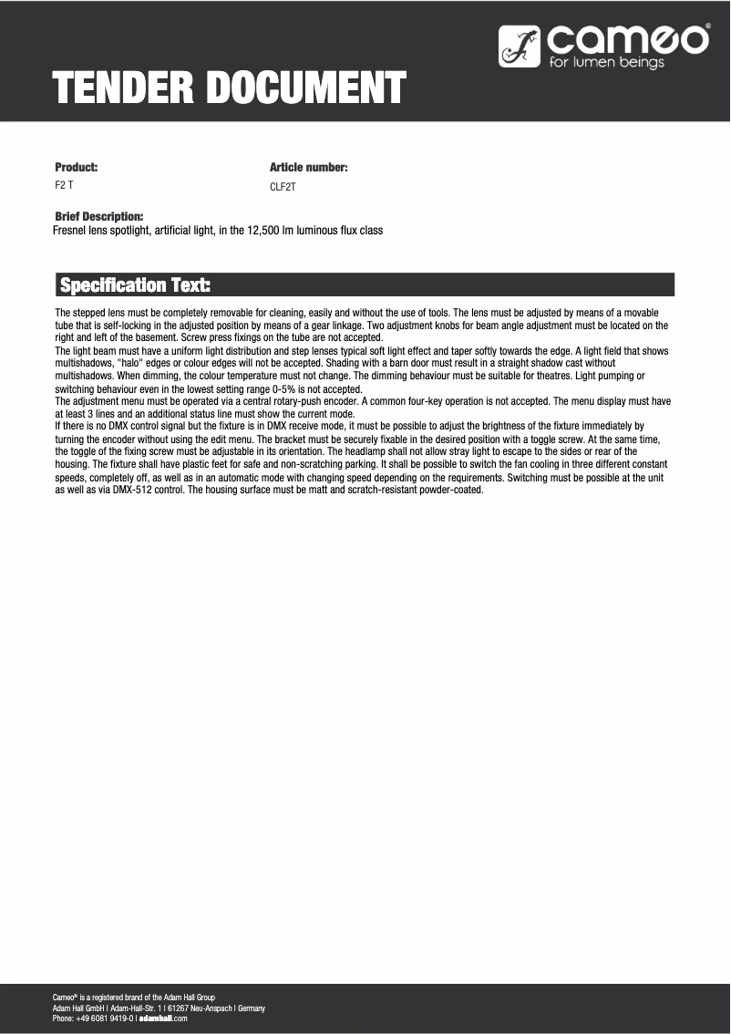 Page 1 de la notice Fiche technique Cameo F2 T