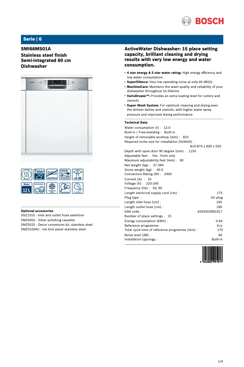 Page 1 of the manual Technical Sheet Bosch SMI66MS01A