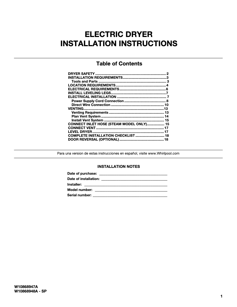 Page n°1 - Guide d'installation Maytag MED8200F