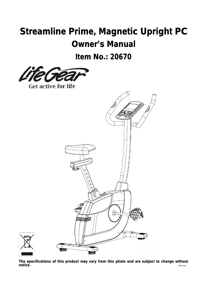 Page 1 de la notice Manuel utilisateur Life Gear Streamline Prime Magnetic Upright Bike PC 20670