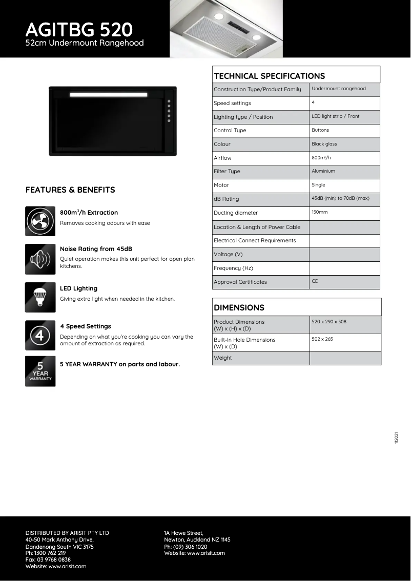 Page 1 de la notice Fiche technique Tisira AGITBG520